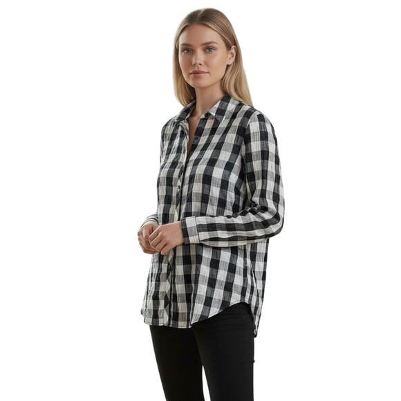 Foxcroft Black White Plaid Button Front Blouse Size 12 Long Sleeve Stretch EUC ✨ - Picture 2 of 7